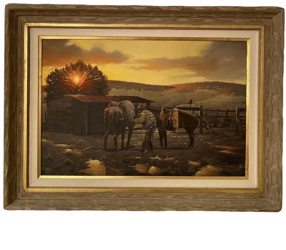 Sunset Ranch Oil on Canvas Painting by Hector Morales: Frame: 40 in L x 30 in H - Painting: 29 1/2 x 19 in H -3 horses oil Painting by Hector Morales- About HectorHector Moralesspecializes in southwestern art, and has been painting for almost fifty years.
