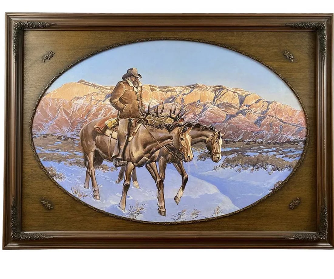 Rider and Horses Oil on Canvas by Hector Morales: Frame: 42 in L x 30 - Painting: 36 x 24 in H - About HectorHector Moralesspecializes in southwestern art, and has been painting for almost fifty years. His specialities include oil and acrylic paintin