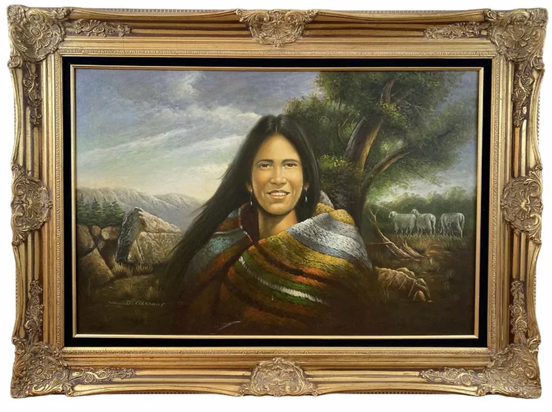 Native American Woman Oil Painting by D. Coleman: Frame: 46 in L x 34 in H -