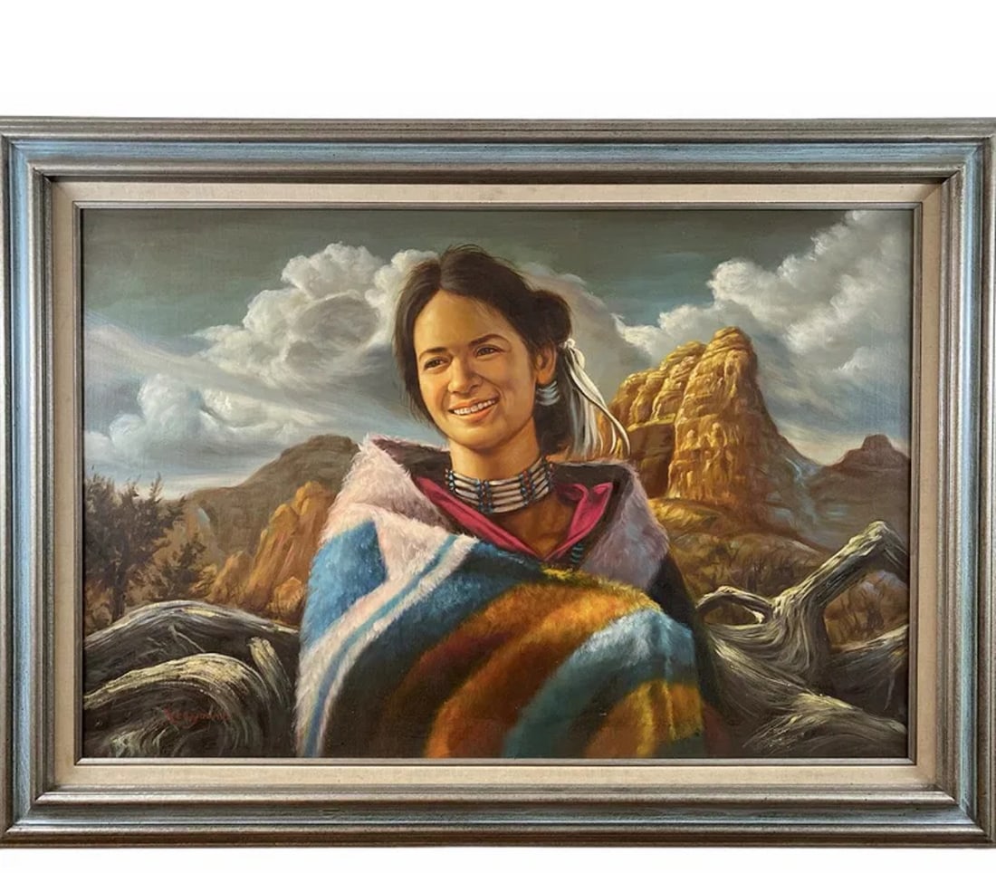 Native American Woman Oil Painting by Lee. Young: Frame: 43 in L x 31 in H
