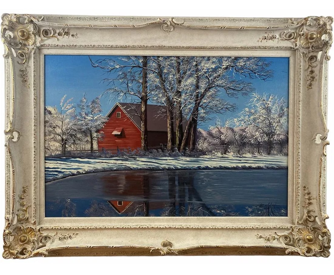 Red Winter Cabin Oil on Panel Signed: Frame: 46 in L x 35 in H