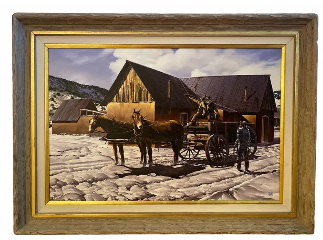 Wagon with Horses Landscape Oil Painting by Hector Morales: Frame: 45 in x 33 in H - Painting: 35 in L x 23 in H About HectorHector Moralesspecializes in southwestern art, and has been painting for almost fifty years. His specialities include oil and acrylic p