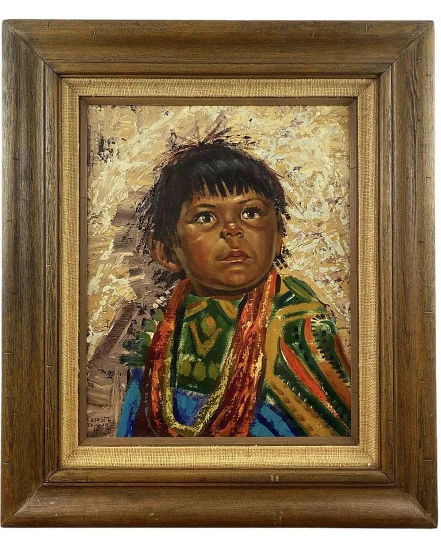 1976 Native Boy oil Painting by Ernesto Zepeda: Frame : 28 in H x 24 in L - Painting: 19 in H x 15 in L ****** Born in Honduras, Ernesto Zepeda studied sculpture at the School of Fine Arts, Tegucigalpa under renowned Mexican sculptor Mario Zamora, 