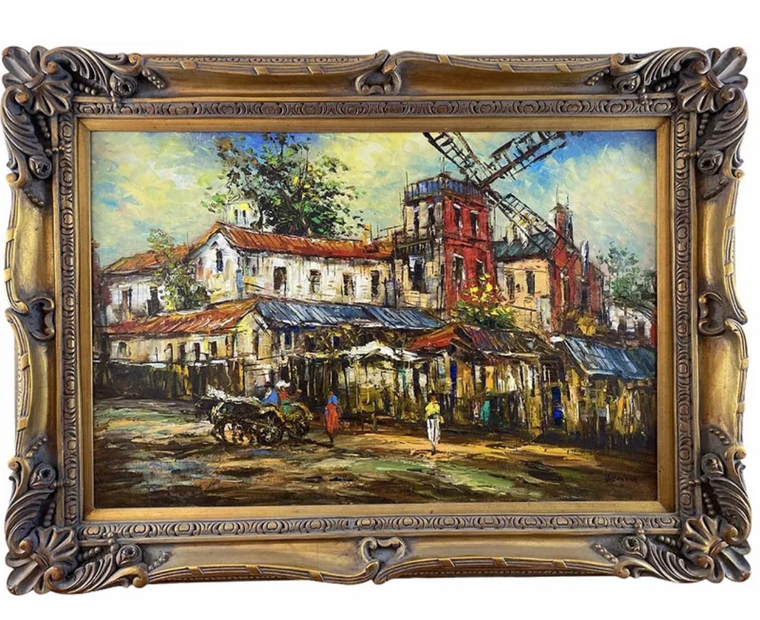 Abstract Town Oil Painting by Villanova: 45 in L x 33 in H -