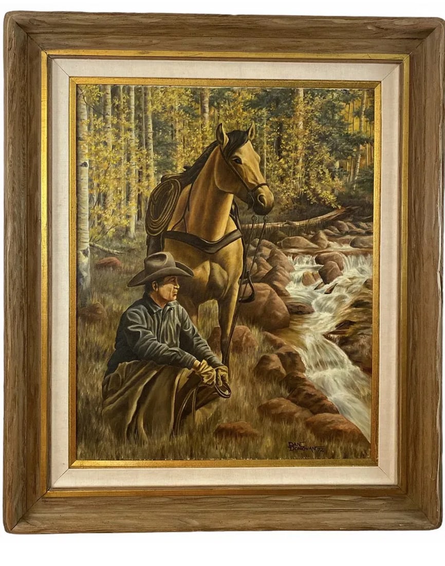 1972 Western Oil Painting by Dan Donovan: Frame: 40 in L x 34 in H