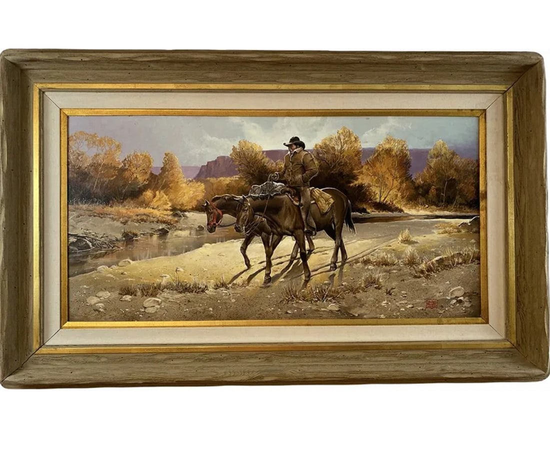Cowboy and two horses Western Oil Painting by Hector Morales: Oil Painting on Canvas - Frame: 46 1/2 in L x 28 1/2 in