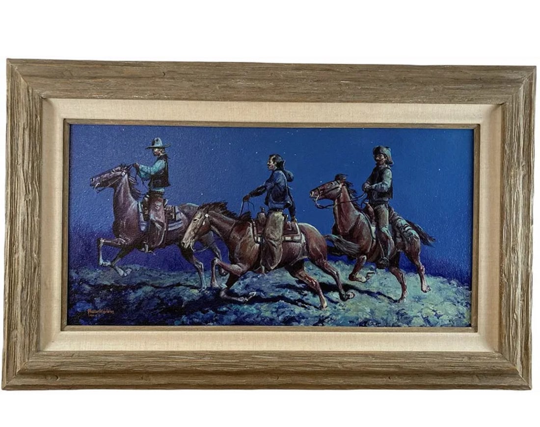 Riders Oil Painting by Hector Morales: Oil on Canvas - Frame 47 in L x 29in H - Painting: 36 in L x 18 in H ****About HectorHector Moralesspecializes in southwestern art, and has been painting for almost fifty years. His specialities inclu