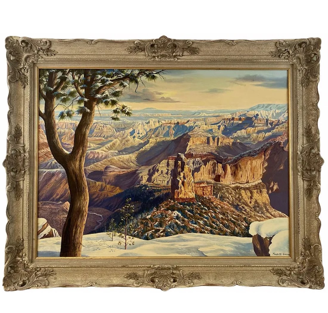The first Snow Grand Canyon Oil Painting by Maurice Green: Frame: 49 in L x 39 in H - Painting: 40 in L x 30 in H ***Oil on Panel by famous Albuquerque artist Maurice Green who lived and worked in Albuquerque until he passed in 2000. Its oil on Canvas and sig