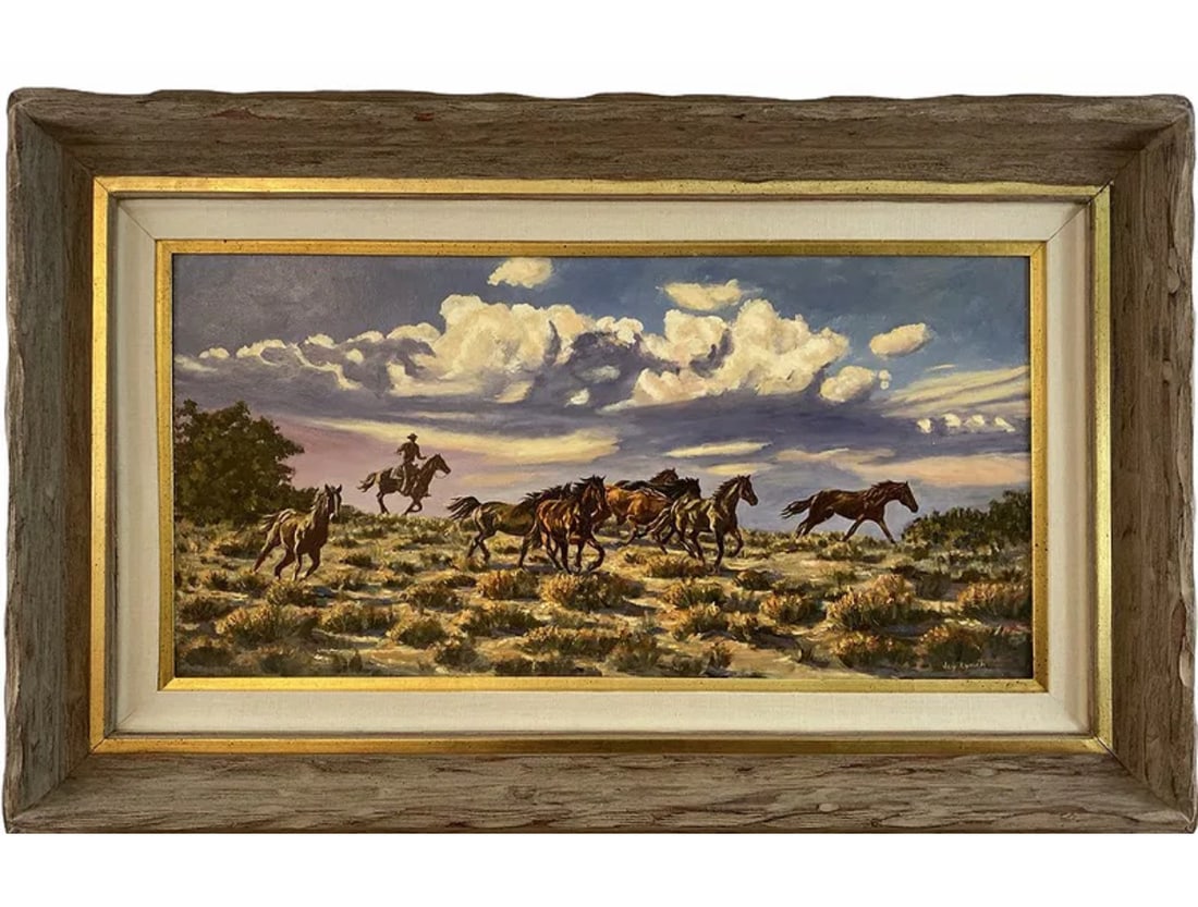 Horses Landscape Oil painting by Joy Lynch: Frame: 40 in L x 26 in H