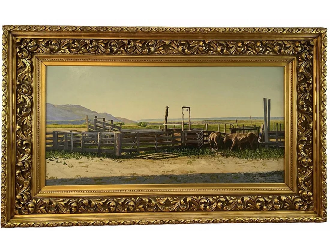 1984 Horse Farm Oil on Panel Painting by Walt Johnston: Extra Large Oil On Panel - Measurements: 62 in L x 40 in H - Painting: 47 in L x 24 in H _*******Walt Johnston ( 1932-2018) was a contemporary realist. He looked at everything in the most modern way, 