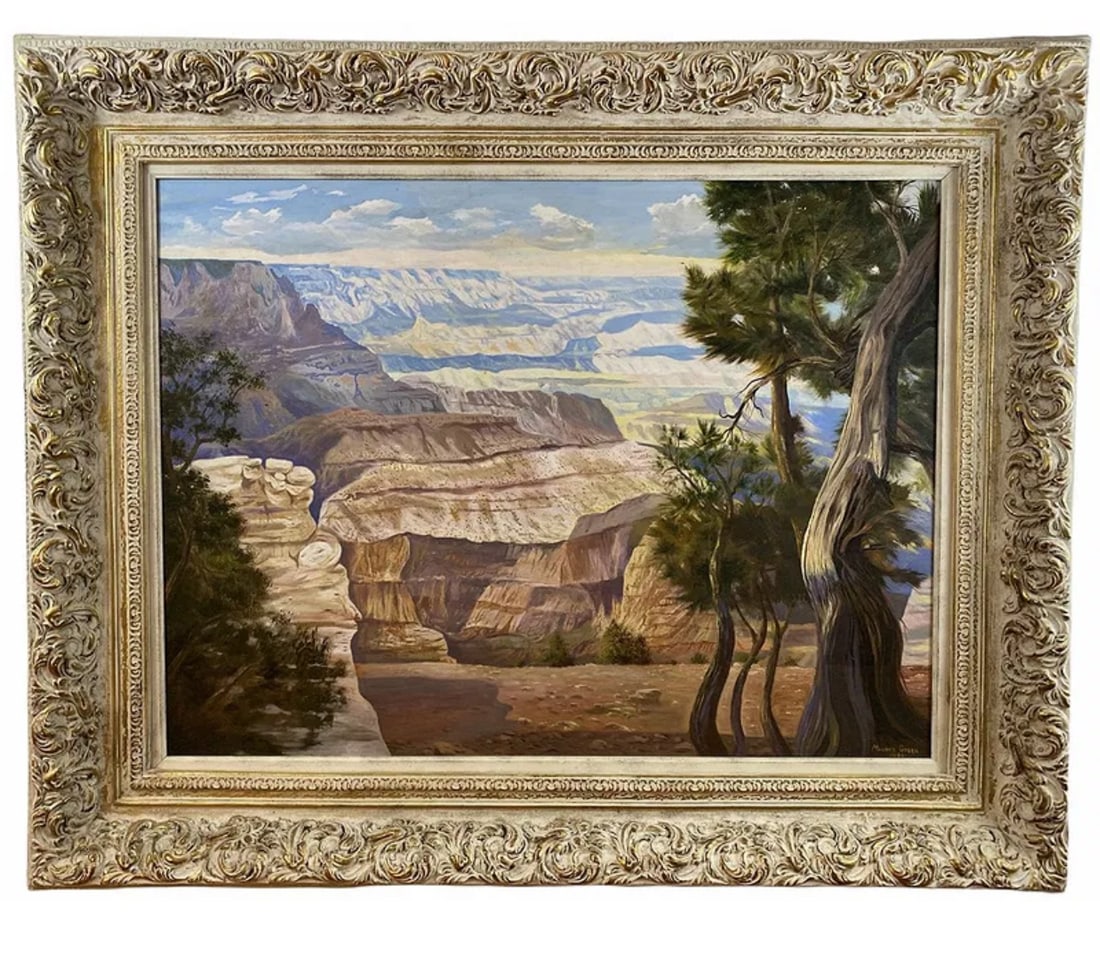 1986 Landscape Oil Painting by Maurice Green: Grand Canyon Oil Paintint - Frame: 53 in L x 43 in - Painting: 39 1/2 in L x 29 1/2 in H - Oil on Panel by famous Albuquerque artist Maurice Green who lived and worked in Albuquerque until he passed i