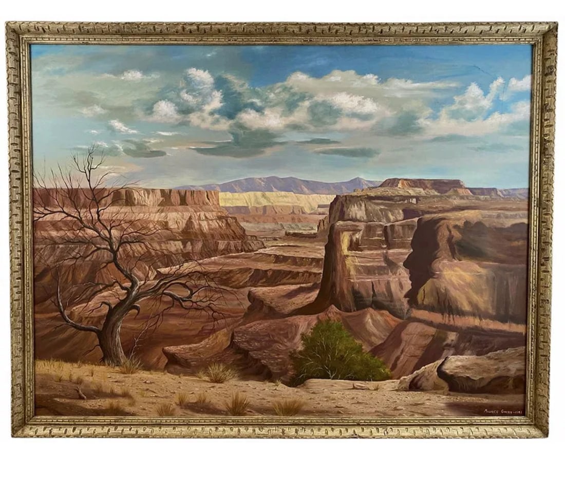 1982 Landscape Oil Painting by Maurice Green: Grand Canyon Oil Painting - Frame: 51 in L x 40 in - Painting: 47 in L x 35 in H - Oil on Panel by famous Albuquerque artist Maurice Green who lived and worked in Albuquerque until he passed in 2000. 