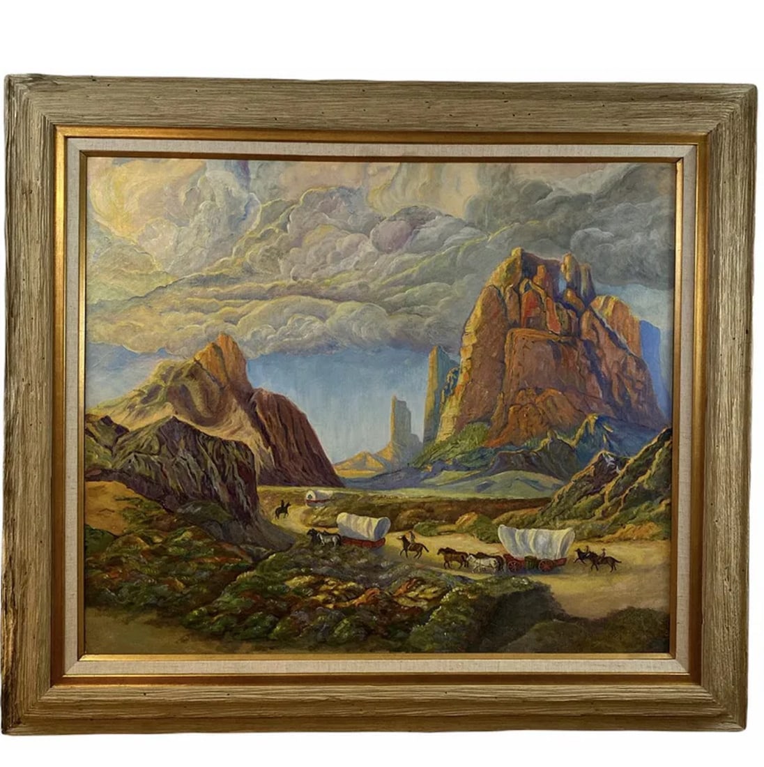 1897 American Settlers Heading West Oil Painting: Frame: 57 in L x 50 in H -