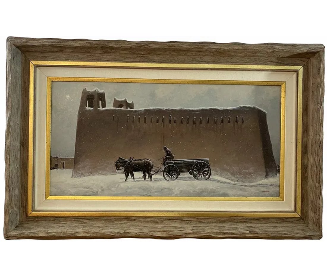 New Mexico Landscape Snow Oil Painting by Hector Morales: rame: 40 in L x 25 in H - Painting : 29 1/2 x 14 1/2 **** About HectorHector Moralesspecializes in southwestern art, and has been painting for almost fifty years. His specialities include oil and acry