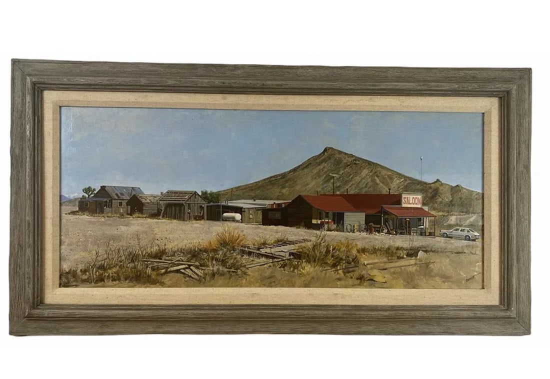 Road Oil Painting on Panel by Garriot: Frame: 42 in L x 22 in H - Painting: 34 in L x 14 in H -**** Gene Garriott (1930-1995)Gene Garriott, realist painter of the rural West, was born in San Francisco, California in 1930 and came to make