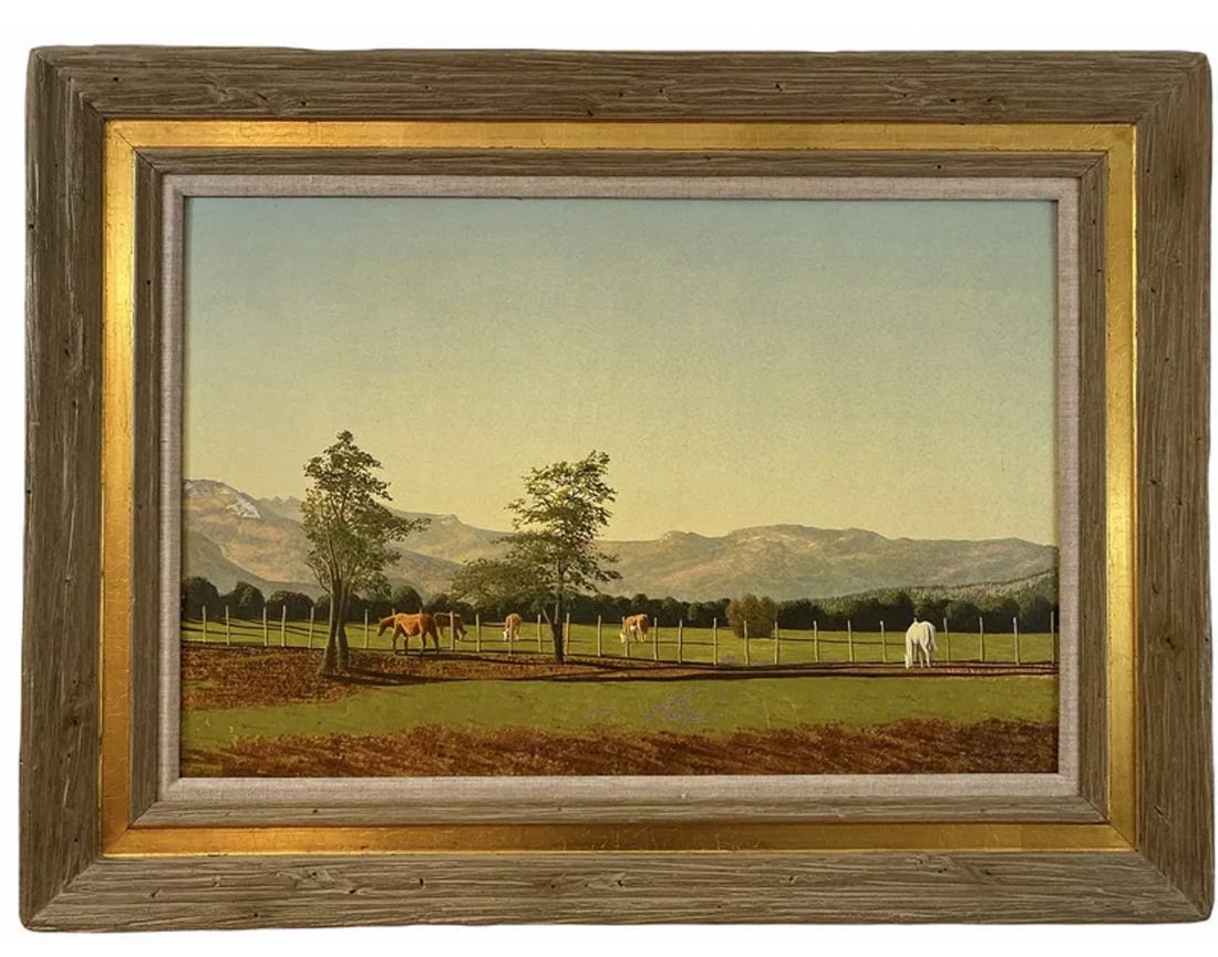 1995 GrassFed Cows Landscape Oil Painting by Walt Johnston: Oil On Canvas - Frame: 39 x 29 in - Painting size: 30 in x 20 in ****Walt Johnston ( 1932-2018) was a contemporary realist. He looked at everything in the most modern way, saw the underlying abstract