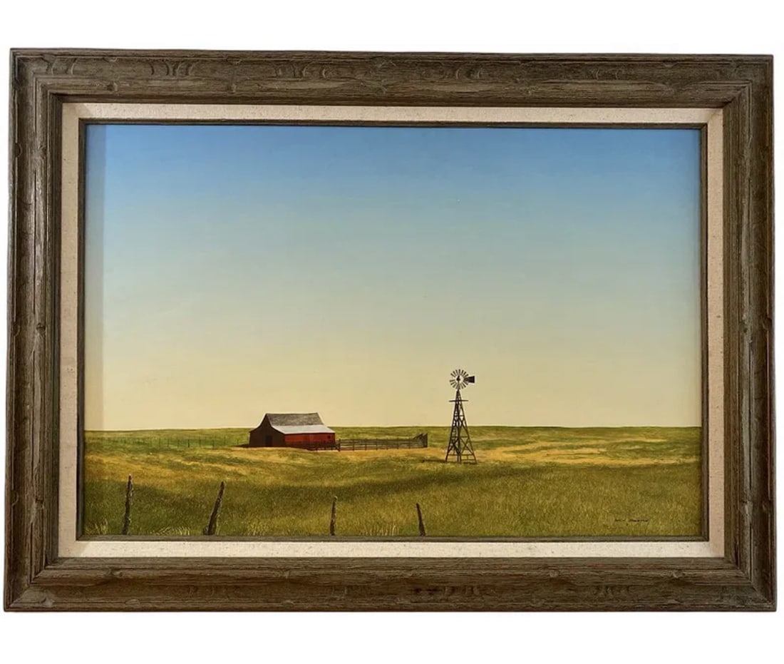 1970 Landscape Winmill Oil Painting by Walt Johnston: Oil On Canvas - Frame: 37 x 27 in - Painting size: 29 in x 19 in ****Walt Johnston ( 1932-2018) was a contemporary realist. He looked at everything in the most modern way, saw the underlying abstract