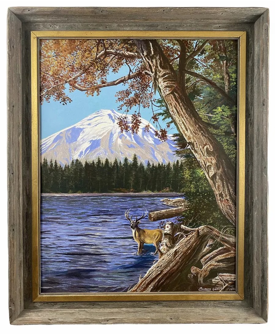 1993 Deer Landscape Oil Painting by Maurice Green: Frame : 34 in H x 28 in L