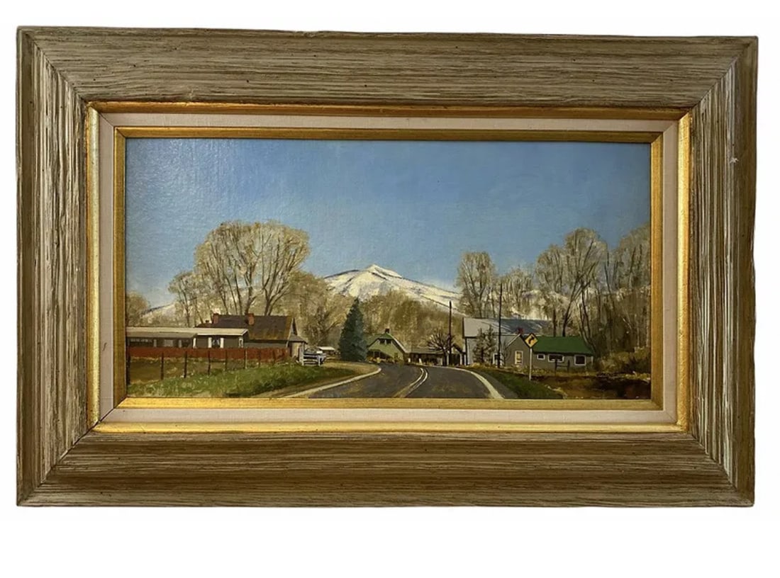 Road to New Mexico Oil Painting by Garriot: Frame: 34 in L x 22 in H - Painting: 24 in L x 12 in H ——Gene Garriott (1930-1995)Gene Garriott, realist painter of the rural West, was born in San Francisco, California in 1930 and came t