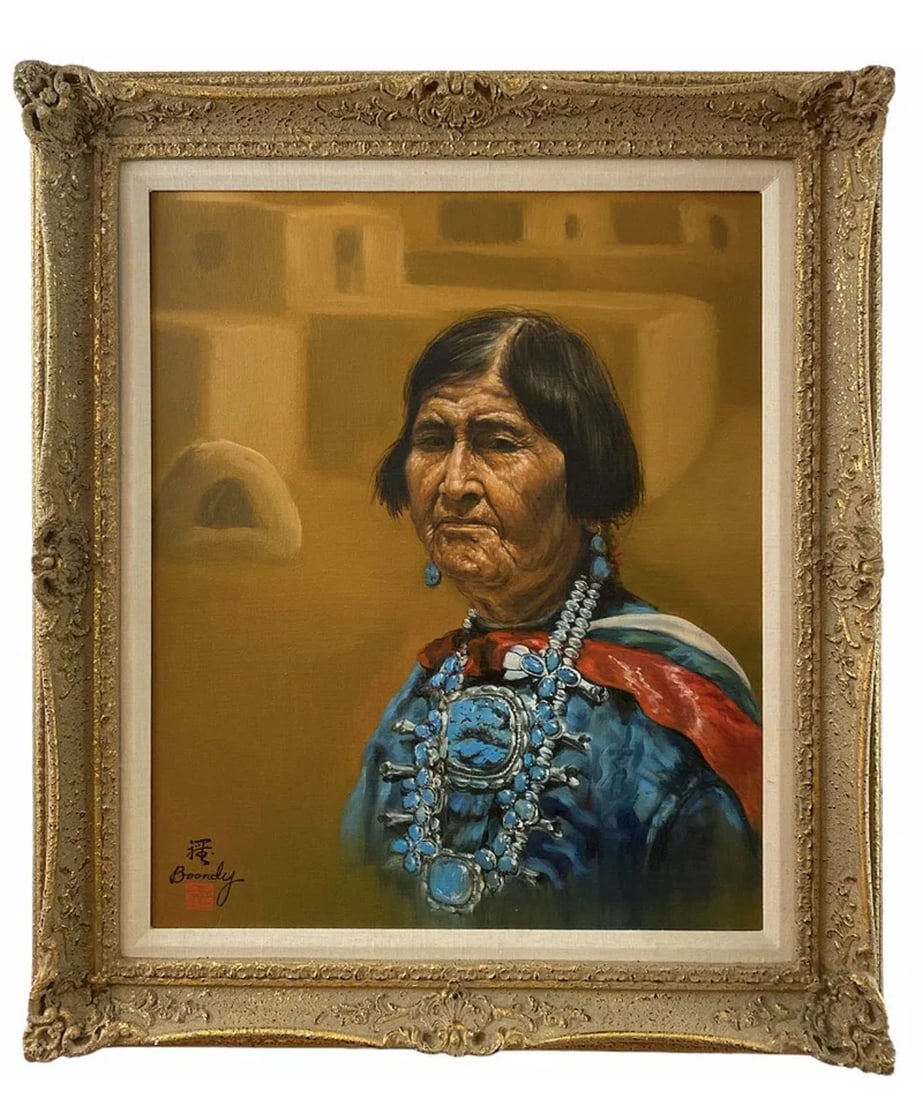 Native Navajo Woman Painting by Boondy: Frame: 31 in H x 27 in - Painting: 23 in H x 19 in L