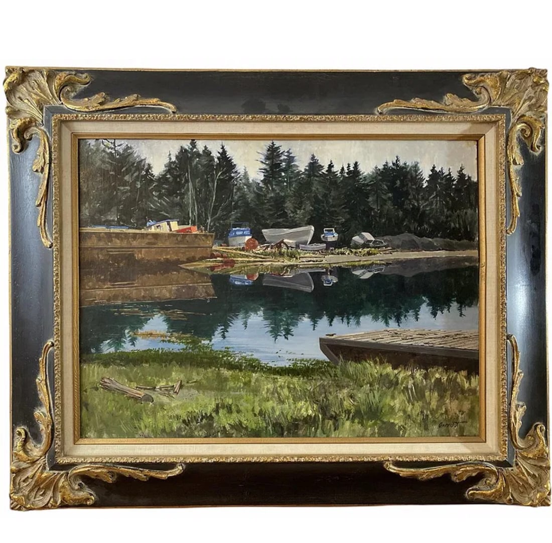 Landscape Oil Paintjng by Garriot: Frame: 32 in L x 26 in L - Painting: 24 x 18 in *** Gene Garriott (1930-1995)Gene Garriott, realist painter of the rural West, was born in San Francisco, California in 1930 and came to make his home i