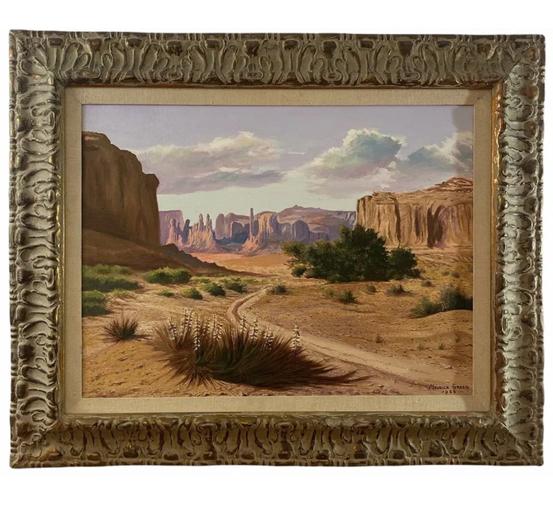Arizona Landscape Oil Painting by Maurice Green: Frame: 33 in L x 27 - Painting: 23 in L x 17 in H **** Maurice Green Oil on canvas by famous Albuquerque artist Maurice Green who lived and worked in Albuquerque until he passed in 2000. Its oil on
