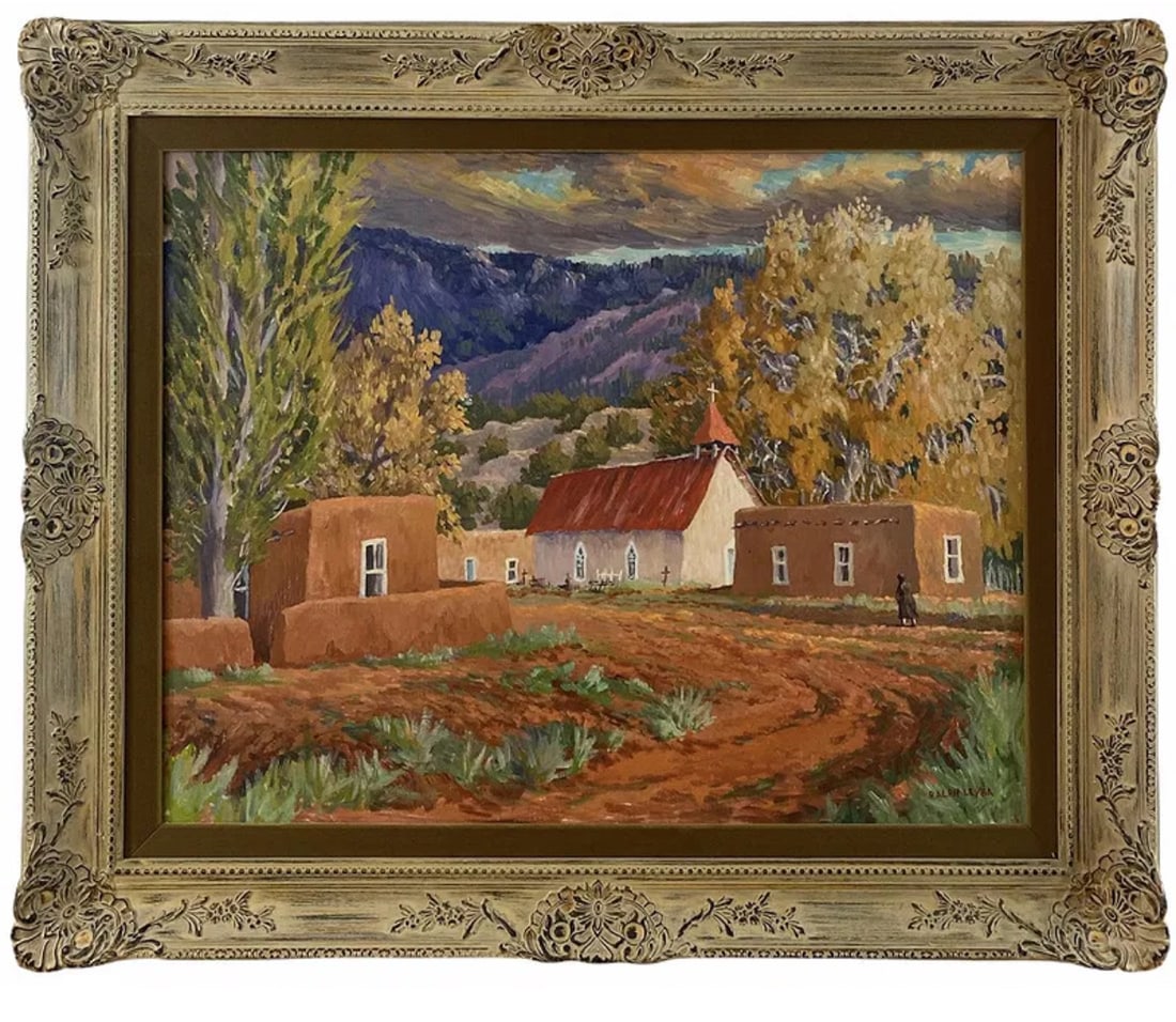 Adobe Town Oil Painting by Ralph Leyba: Frame: 35 in H x 30 in L - Painting : 27 in x 21 in