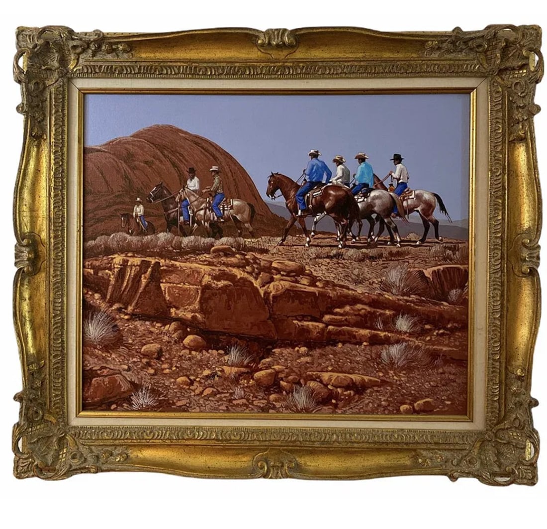 Ridge Riders Oil Painting by L. B. Porter: Frame: 31 in x 27 in - Painting: 24 in L x 20 in H - L. b. Porter ** Born: 1929 - El Paso, TexasKnown for: Female nude in western landscape painting, romanticism, decorationName variants: Lawrence