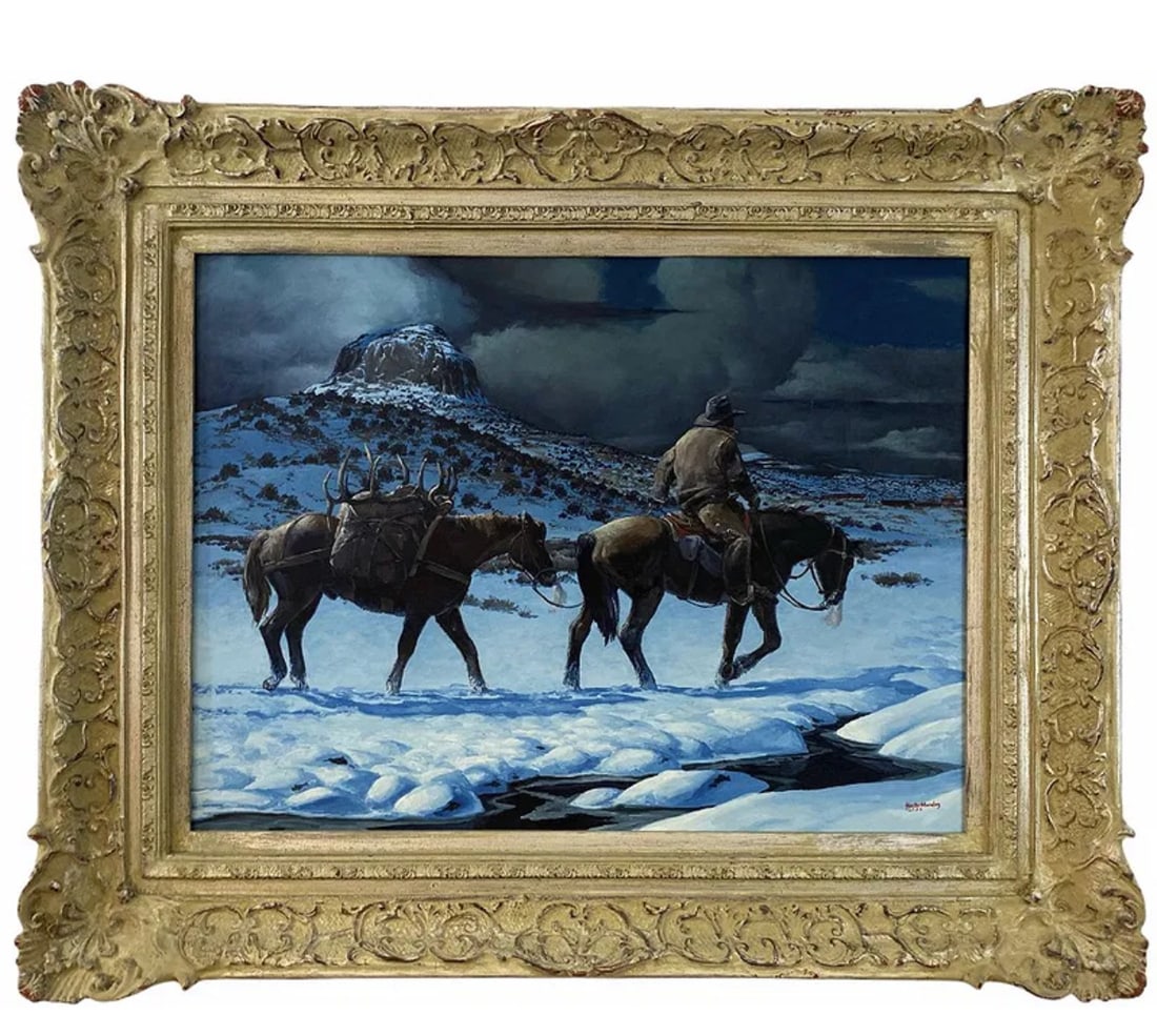 Snow Storm Oil Painting by Hector Morales: Oil On Canvas - Frame: 32 in x 26 in - Painting: 24 in x 18 in*** About HectorHector Moralesspecializes in southwestern art, and has been painting for almost fifty years. His specialities include oil 