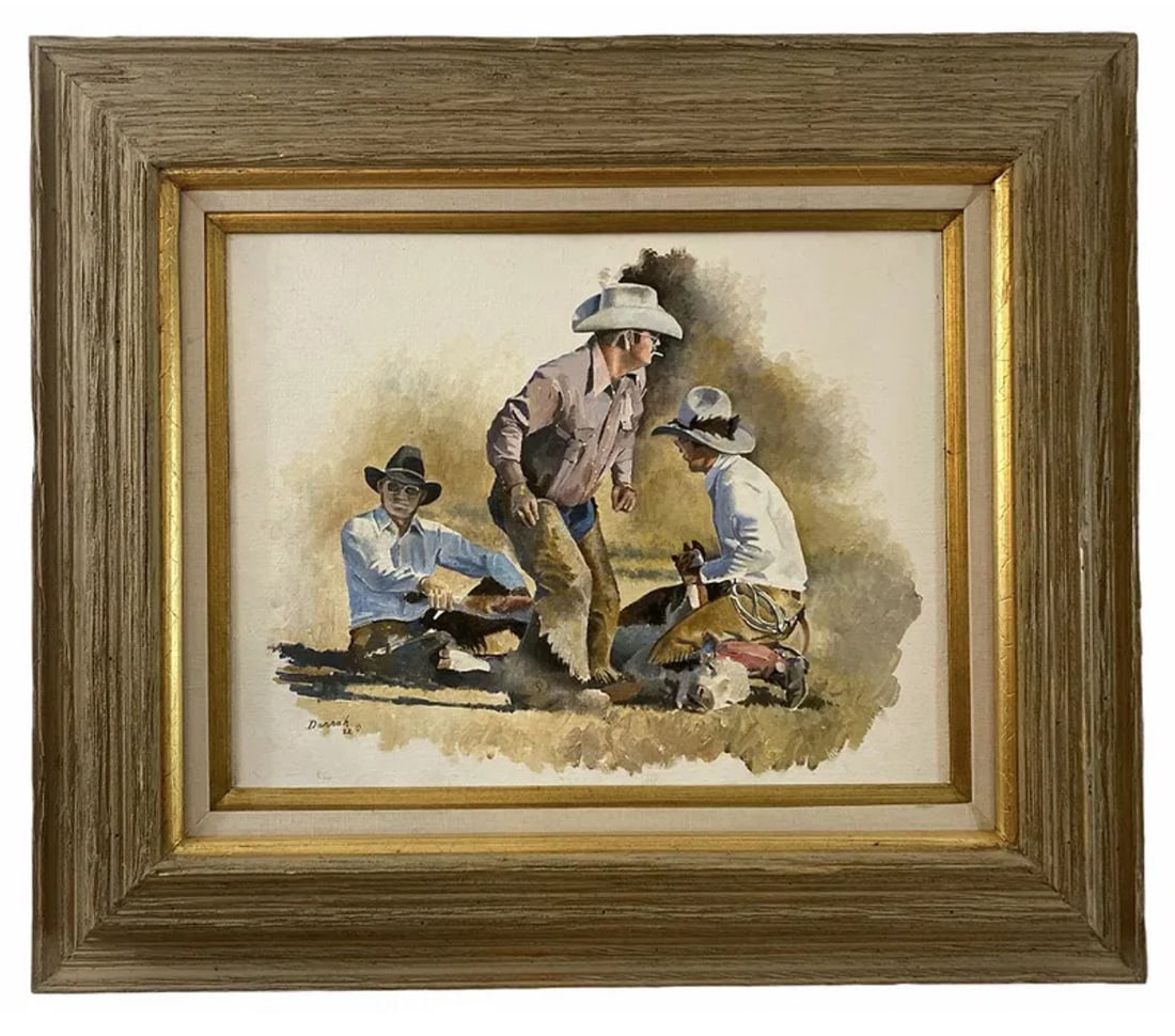 1982 Cowboys Oil Painting by Tom Darrah: Frame: 28 in L x 24 in H - Painting: 17 1/2 in L x 13 1/2 in H**** Tom Darrah began his artistic journey at the Pennsylvania Academy of Fine Arts, the Fleisher Art Memorial, and the Hussian