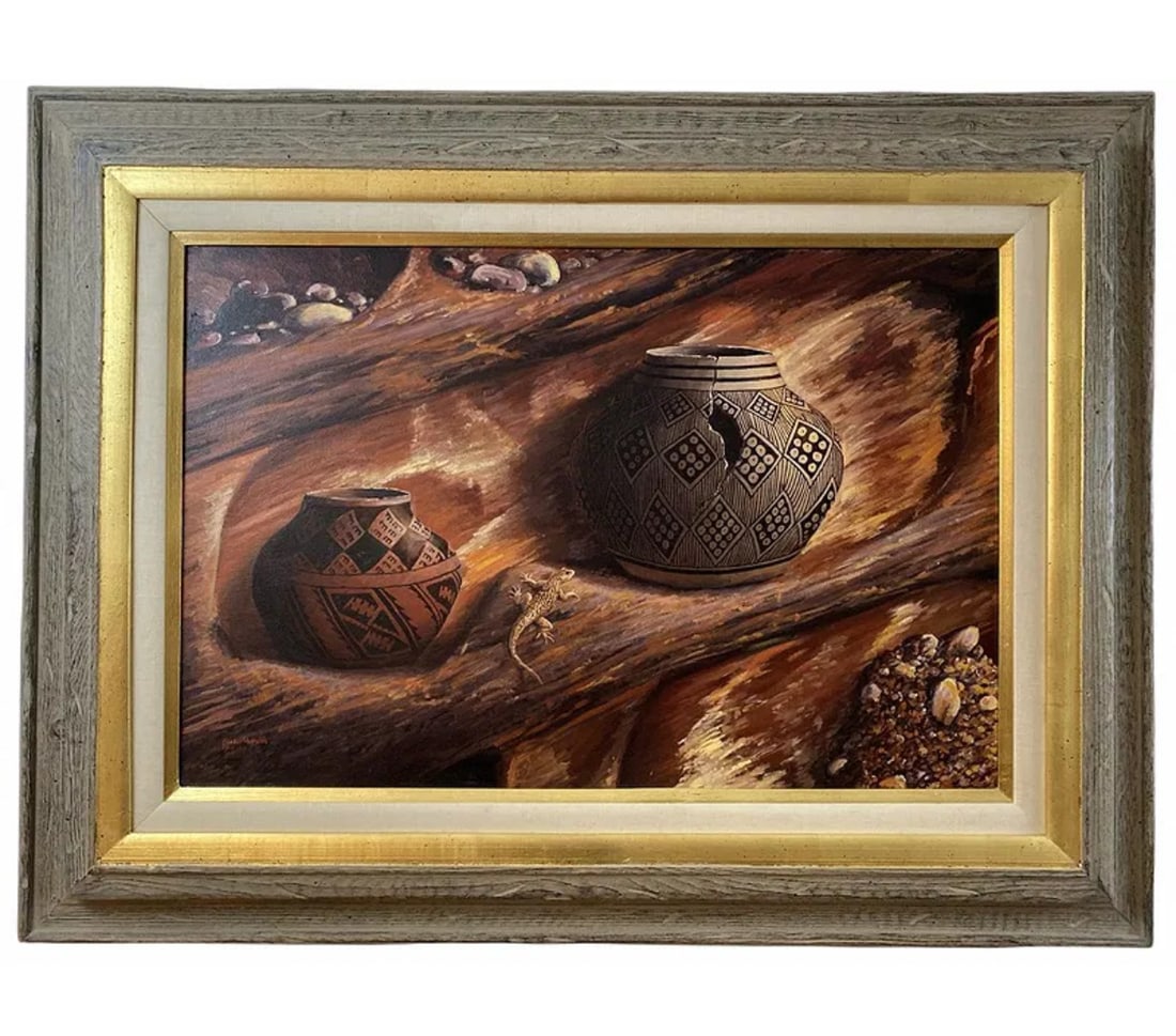 Native American Pottery Oil Painting by Hector Morales: Frame: 42 in L x 32 in H - Painting : 30 in L x 19 in H ****About HectorHector Moralesspecializes in southwestern art, and has been painting for almost fifty years. His specialities include oil and