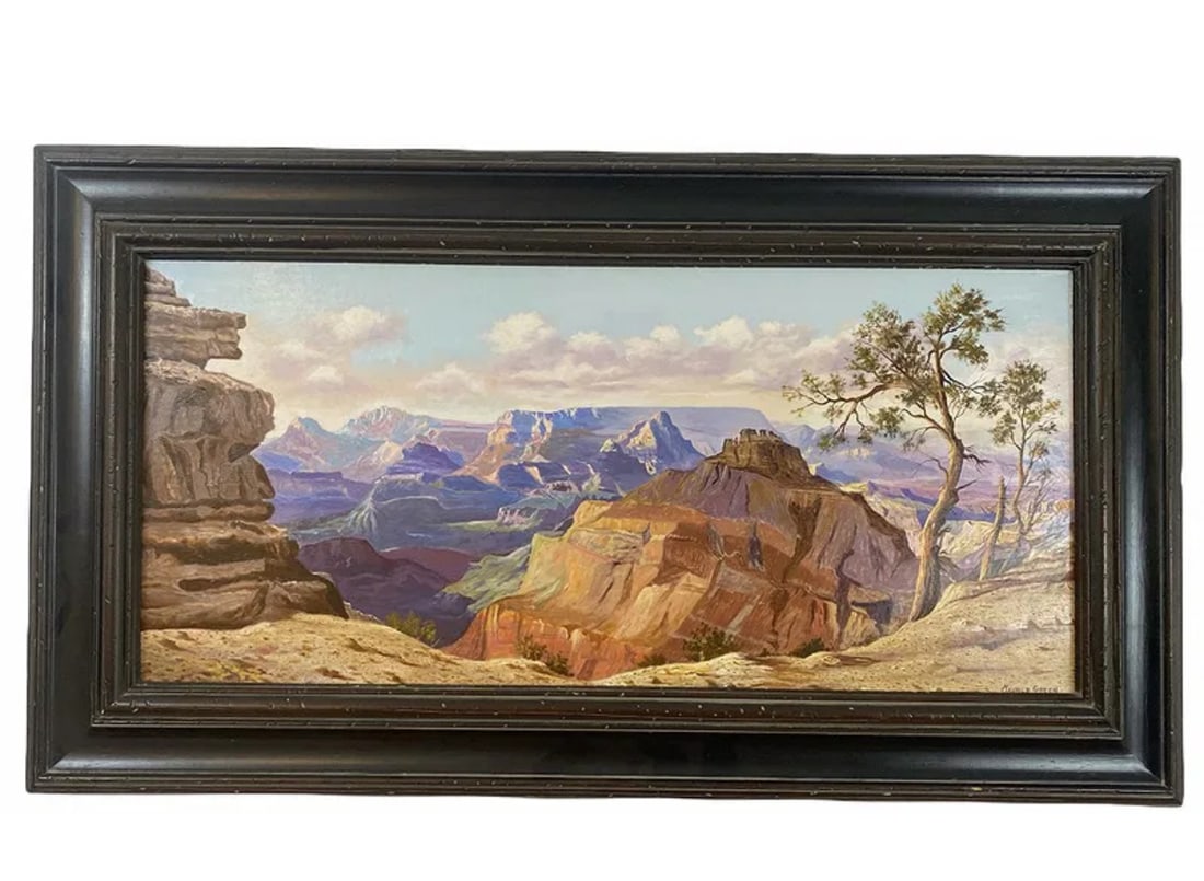 1994 mpressive Landscape Mountains 1994 Maurice Green Oil Painting: Wood Panel - Frame: 46 in Lx 26 - Painting: 37 in L x 17 *** Oil on Wood panel by famous Albuquerque artist Maurice Green who lived and worked in Albuquerque until he passed in 2000. Its oil on Wood