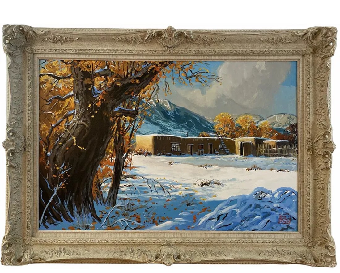 Landscape Adobe Oil Painting by Hector Morales: Frame: 45 in L x 32 in H - Painting: 36 in L x 24 in **** About HectorHector Moralesspecializes in southwestern art, and has been painting for almost fifty years. His specialities include oil and