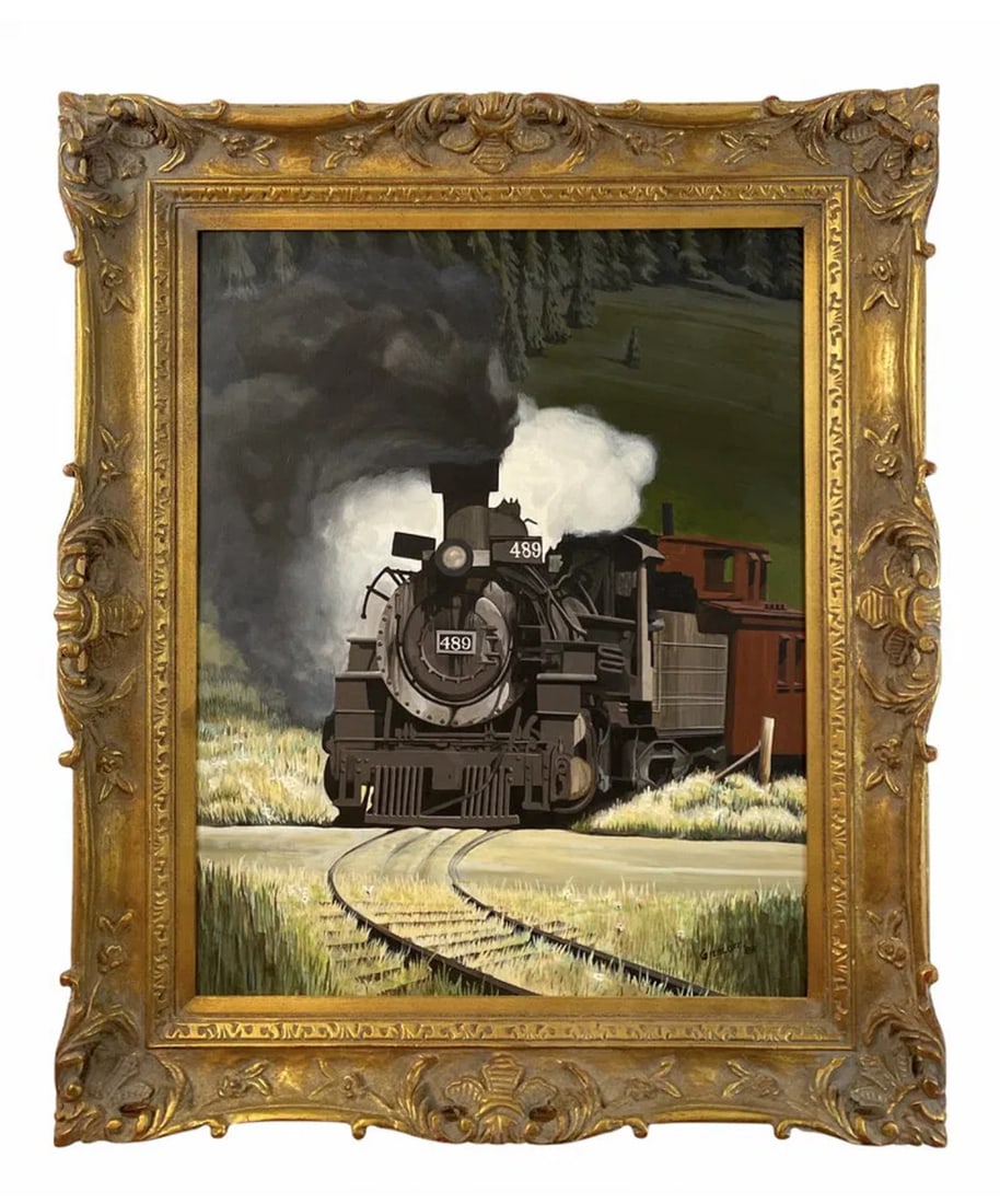 1986 Scenic Railroad Oil Painting: Frame: 39 in H x 33 in L - Painting: 29 in L x 23 in H Jeffrey Gierloff began his artistic carreer in the Soutwest. He now resides in Huntsville, Alabama, where he is applying the skills in oil,