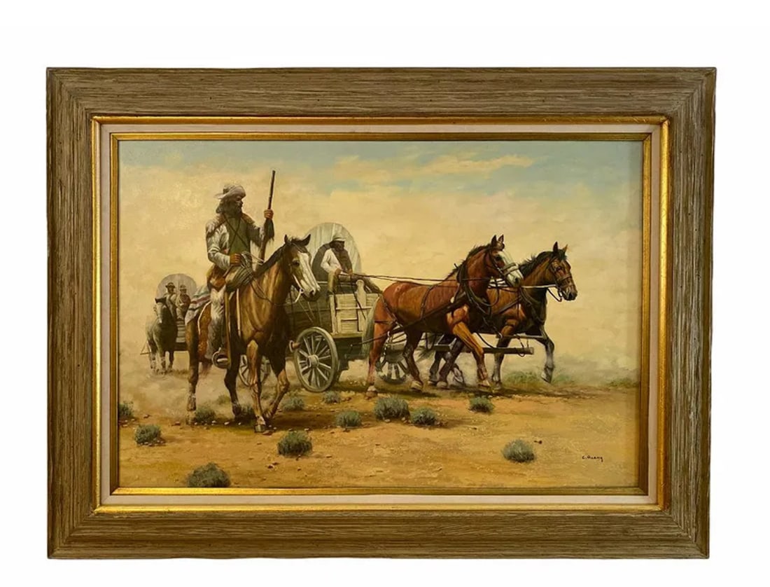 Western Oil Painting on Canvas by C. Quany: Frame: 46 in L x 34 in