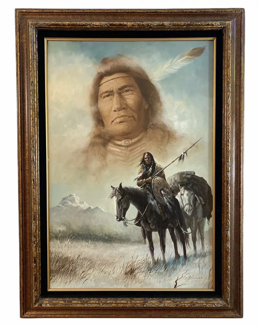 Native Indian Chief Oil Painting on Canvas - Signed: Frame: 45 in H x 33 in L