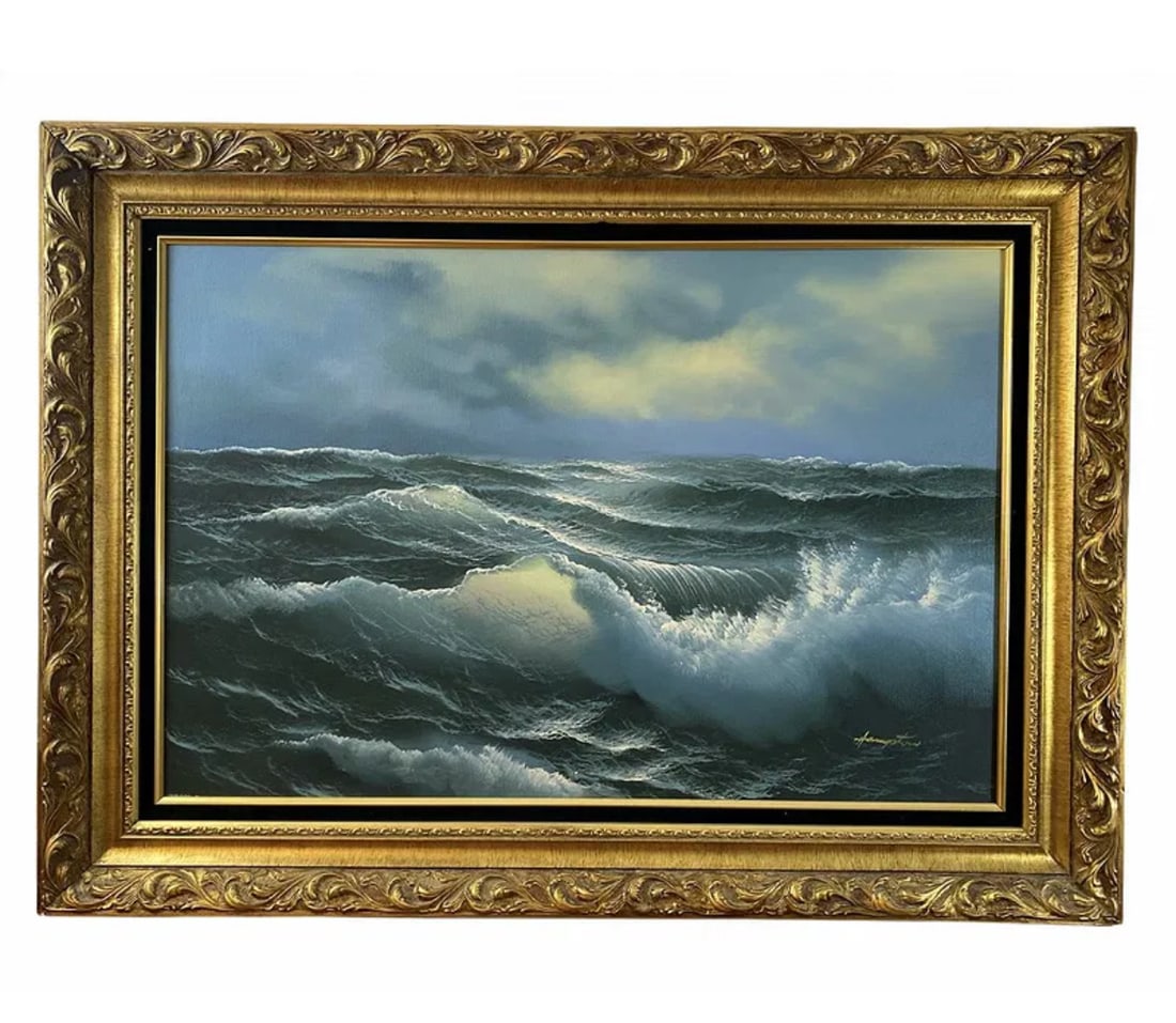 Ocean Scene Oil on Canvas Painting - Signed: Frame: 45 in L x 33 in H - Painting: 35 in L x 23 in H