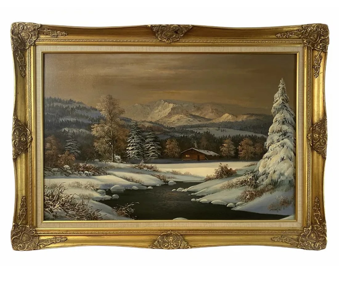 Landscape Winter Oil Painting Canvas by Mike: Frame: 43 in L x 31 in H