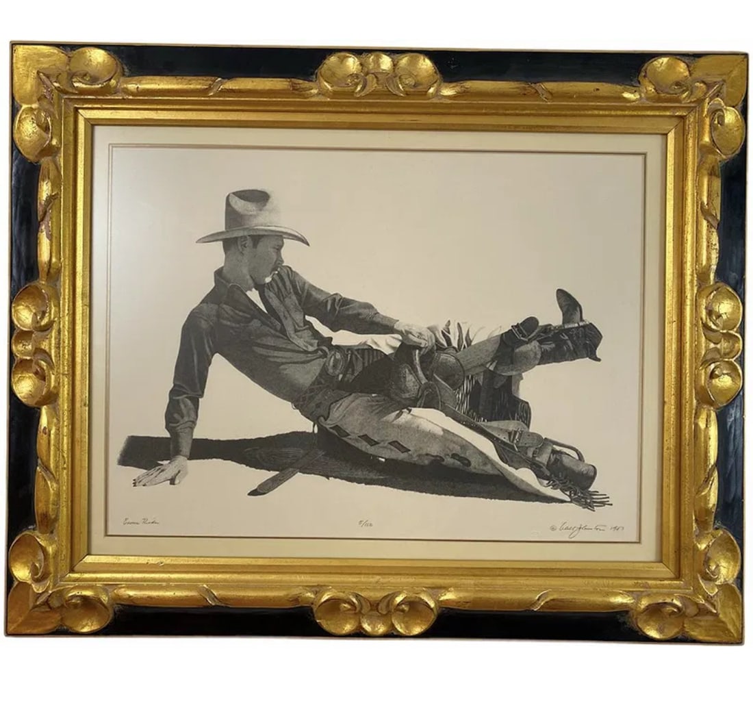 White and Black Cowboy Limited Edition: Frame: 31 in H x 24 in L -****limited Print - 5/150 pieces made - Signed and stamped by Walt Johnston 1932-2018Walt Johnston was a contemporary realist. He looked at everything in the most modern