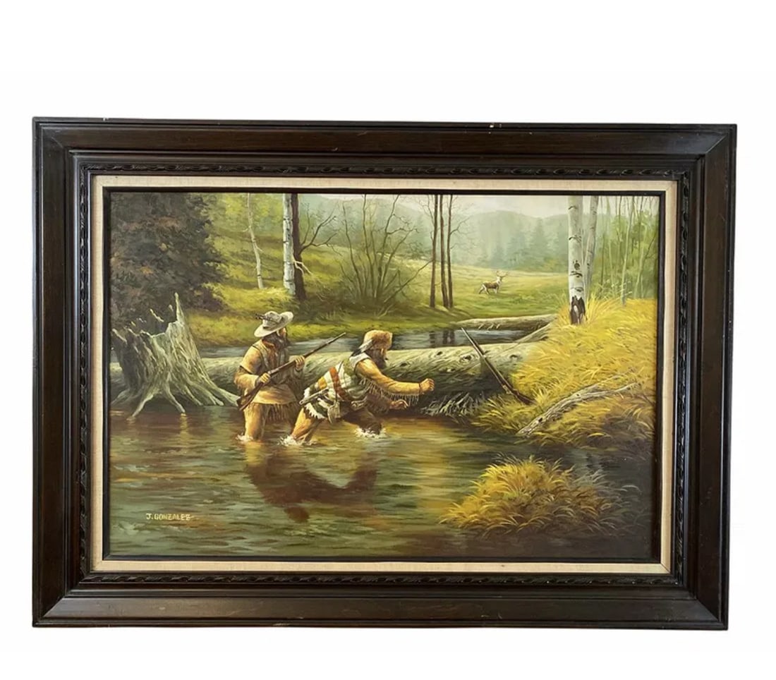 Hunting - Oil Painting on Canvas by J. Gonzalez: Frame: 44 in L x 32 in H
