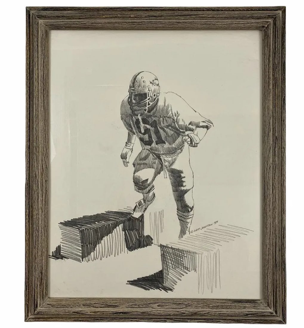 1984 Pencil-Football Drawing Art by Walt Johnston: Measurements: 23 in L x 19 in H ***Walt Johnston ( 1932-2018) was a contemporary realist. He looked at everything in the most modern way, saw the underlying abstract form, then brought that vision to 