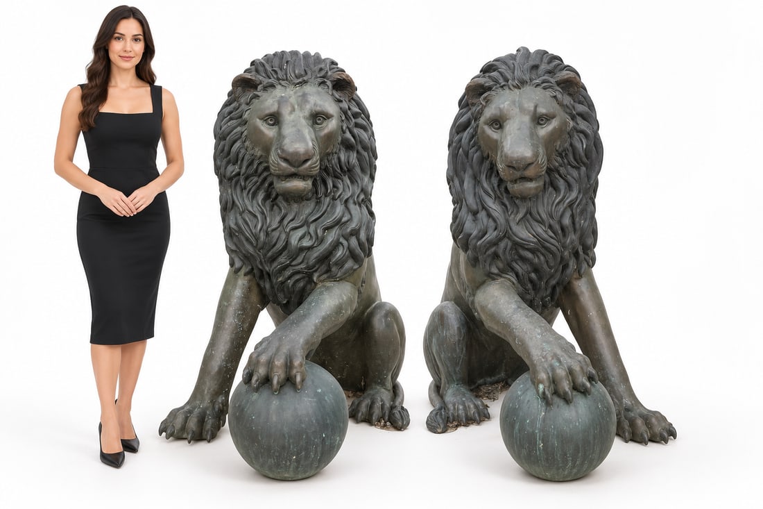 Monumental Pair of Bronze Lions: Size: 56” x50 x 26”