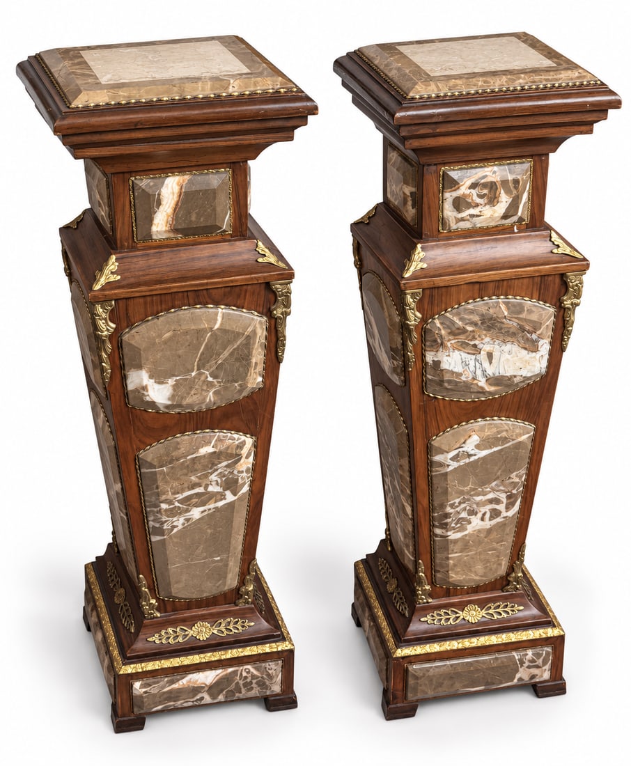 Pair of Monumental Marble-Inlaid Wood Pedestals with Gilt Bronze Mounts: Aprox Size: 45” tall