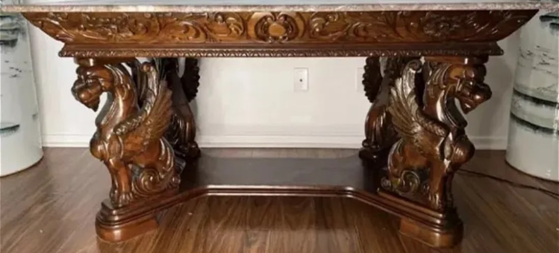 Griffins Wood and Marble Table: APROX Size: 60 in L X 35 IN