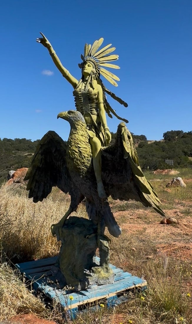 monumental Bronze Indian riding a Eagle Bronze Sculpture: size 115 inches tall aprox - it’s signed and updated by the artist.