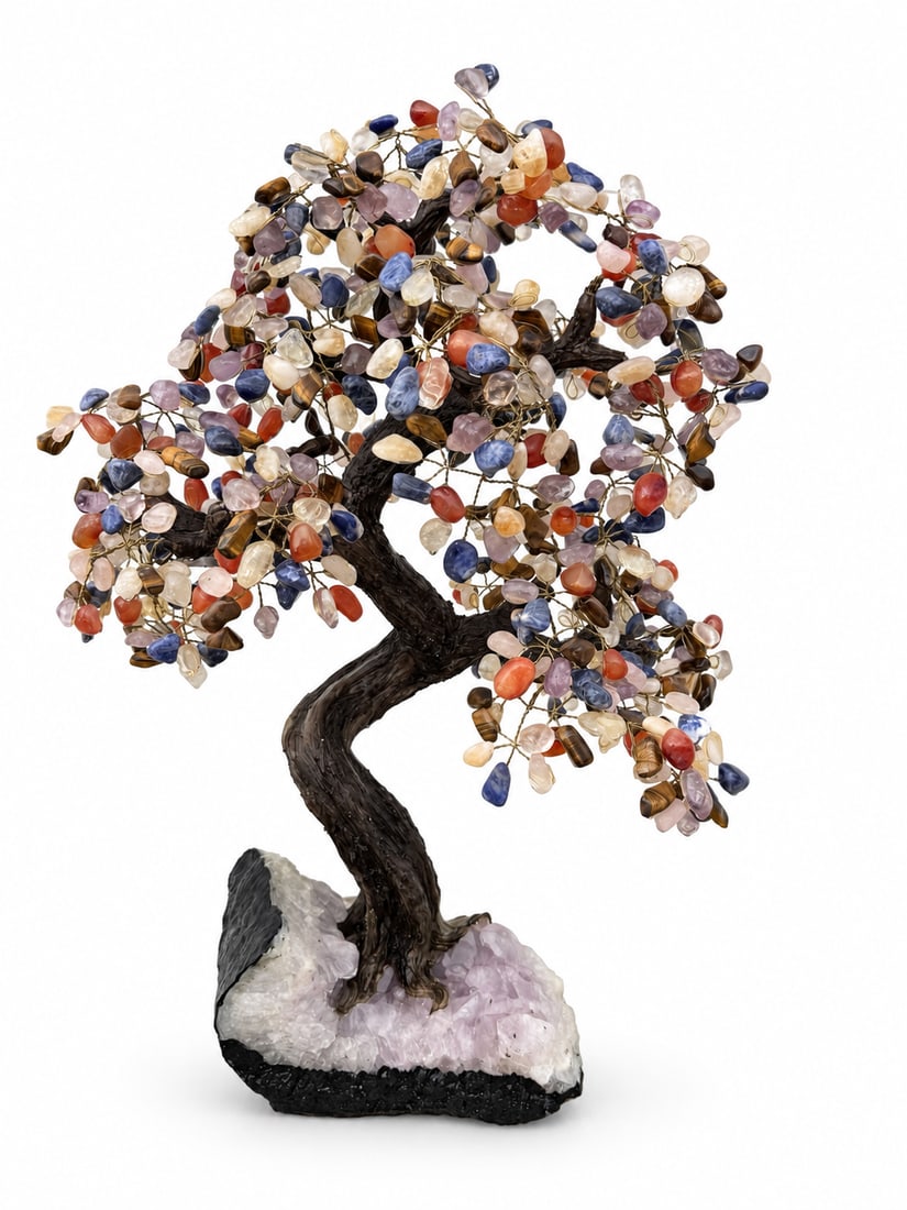 Chakra Gemstone Tree on Amethyst Rock: Size: 30” in x 20 in- 36 lbs