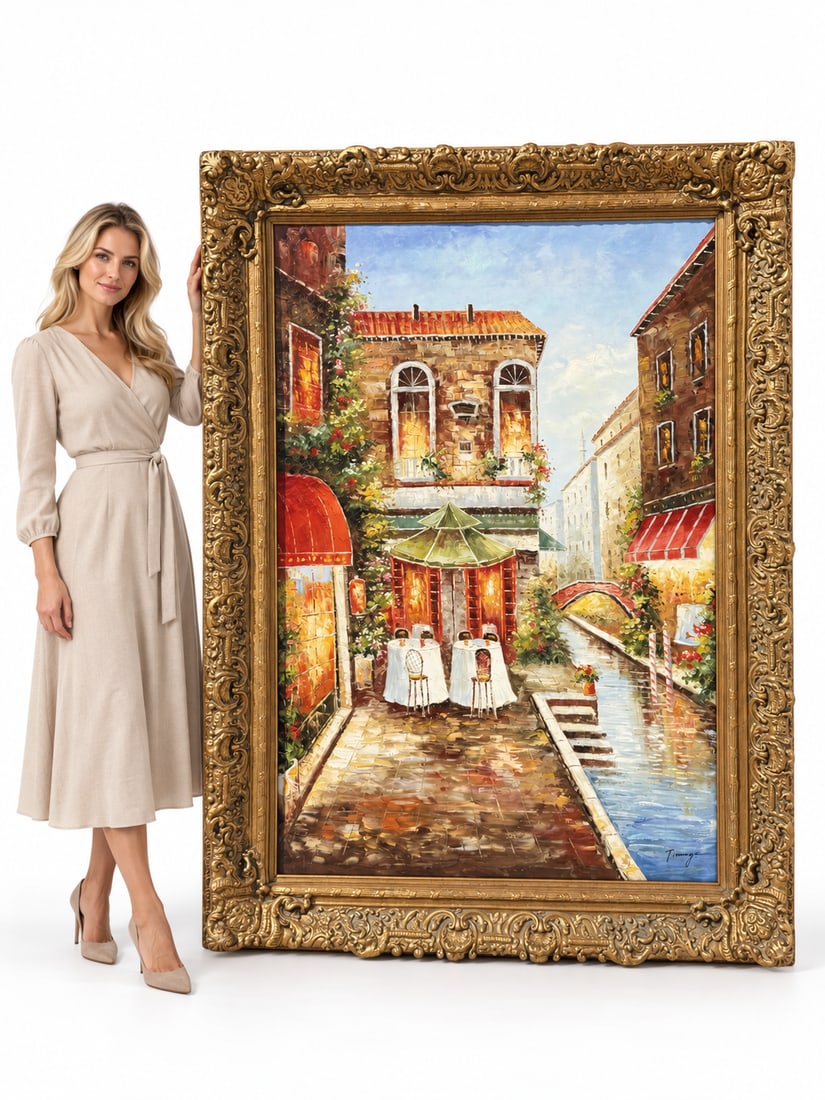 Monumental Signed Venetian Canal Café Oil Painting in Ornate Gilt Frame: Size: 86 in x 65 in