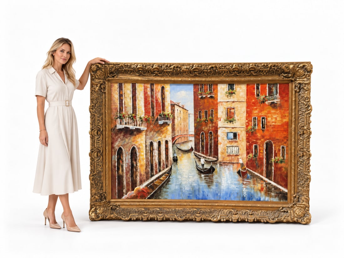 Monumental Venetian Canal Scene Oil Painting in Ornate Gilt Frame: Size: 86 in x 65 in