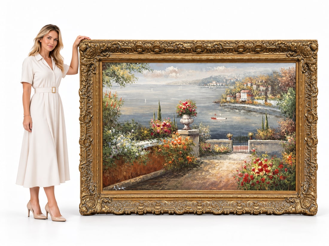 Monumental Mediterranean Coastal Garden Oil Painting in Ornate Gilt Frame: Size: 86 in x 65 in