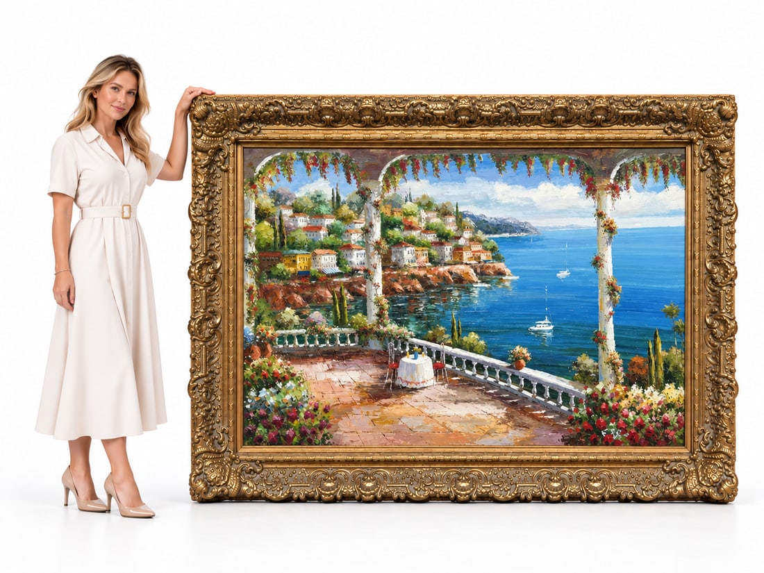 Monumental Mediterranean Coastal Terrace Oil Painting in Ornate Gilt Frame: Size: 86 x 65”